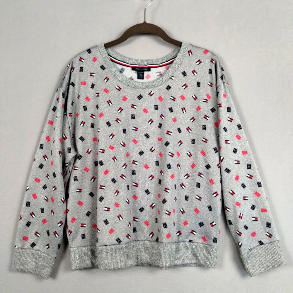 Tommy Hilfiger Sleepwear Top Long Sleeve Printed Logo Throughout Gray Size XL